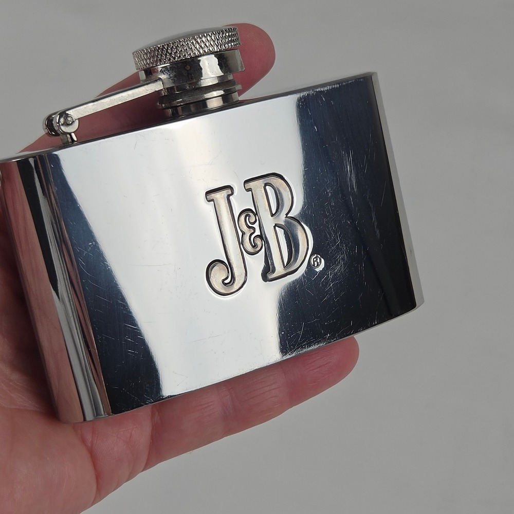 Vintage 2002 J&B Scotch Whisky Hip Flask Silver Stainless Steel w/ Recipes 2002